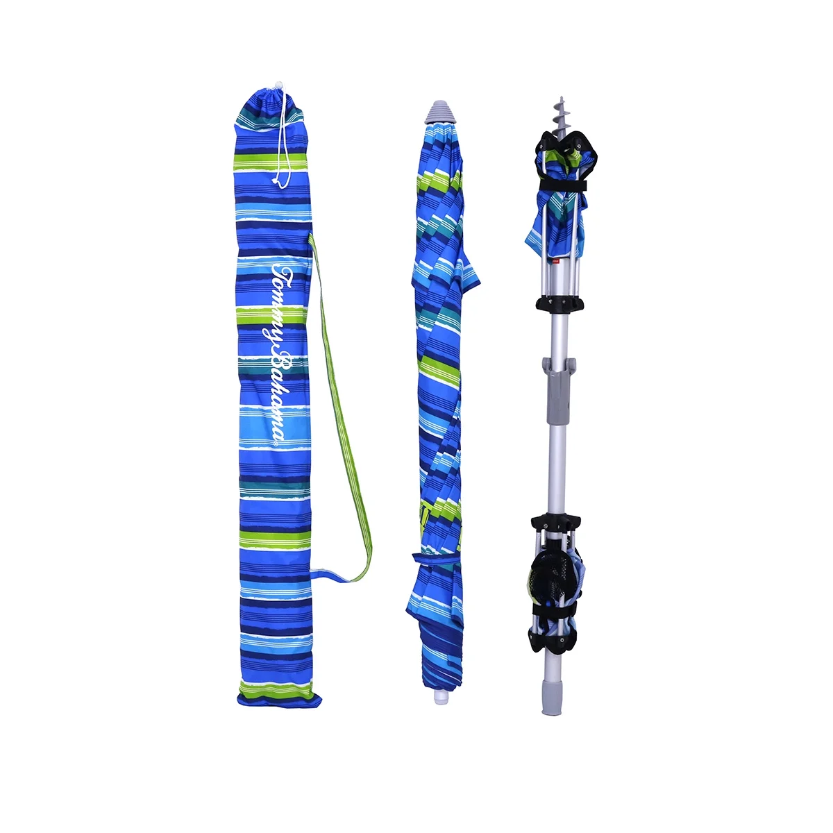 7 ft Fiberglass Tommy Bahama Beach Umbrella for Sand with Folding Anchor Base, Integrated Table, Telescopic Aluminum Pole, UPF 50+, Tilt