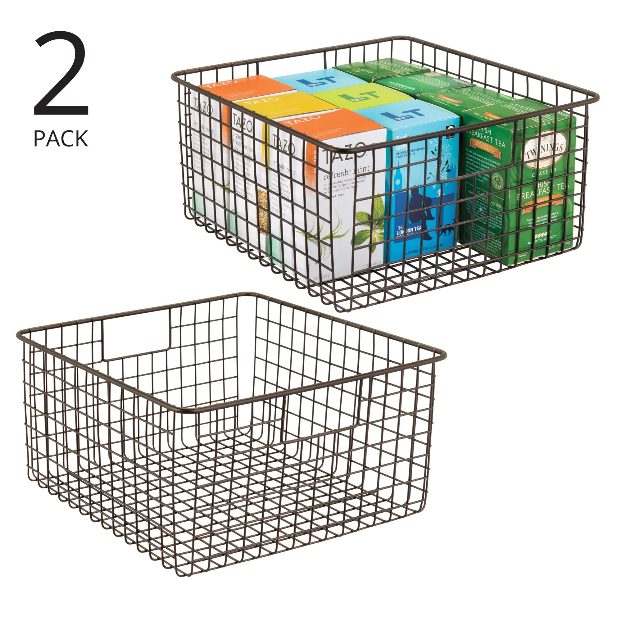 mDesign Metal Wire Food Organizer Basket with Built-In Handles - 2 Pack - Bronze