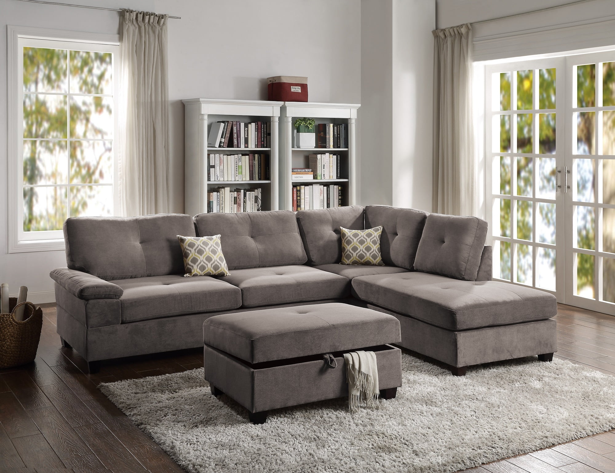 Casual Modern Living Room Reversible L/R Chaise Sofa 2pc Sectional Family Guest Living Room Charcoal Waffle Suede