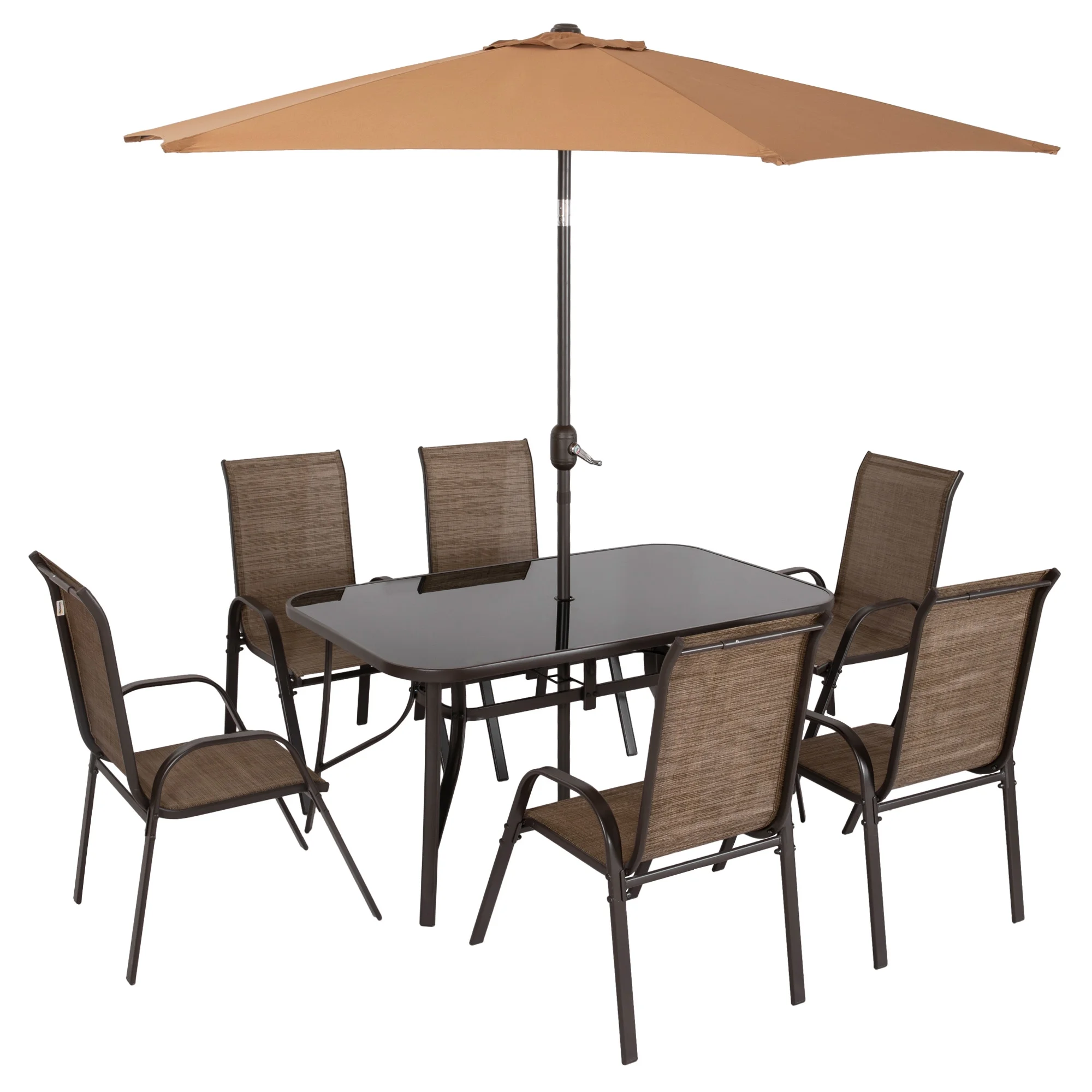 Outsunny Patio Dining Set for Six, Table & Chairs w/ Umbrella, Mixed Brown