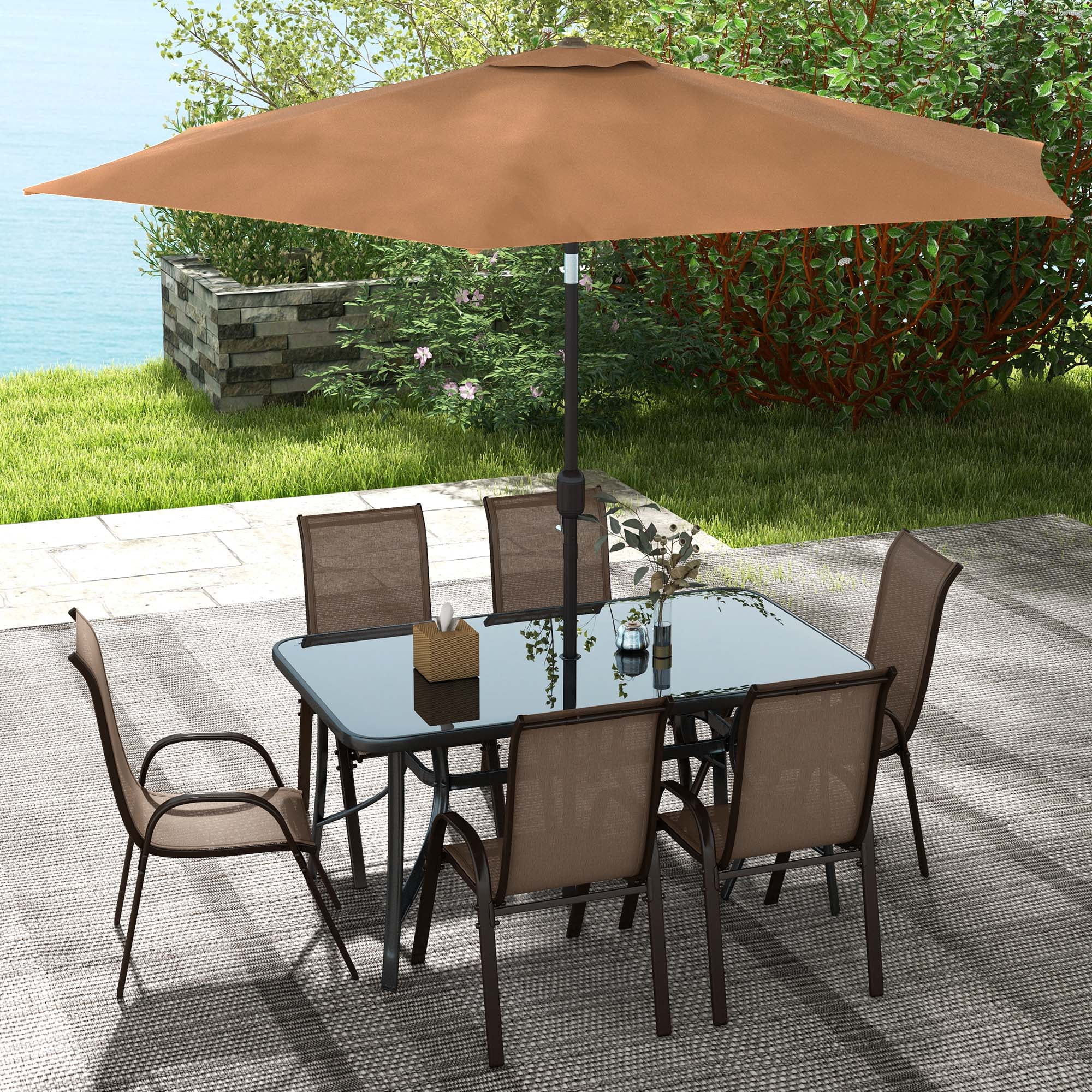 Outsunny Patio Dining Set for Six, Table & Chairs w/ Umbrella, Mixed Brown