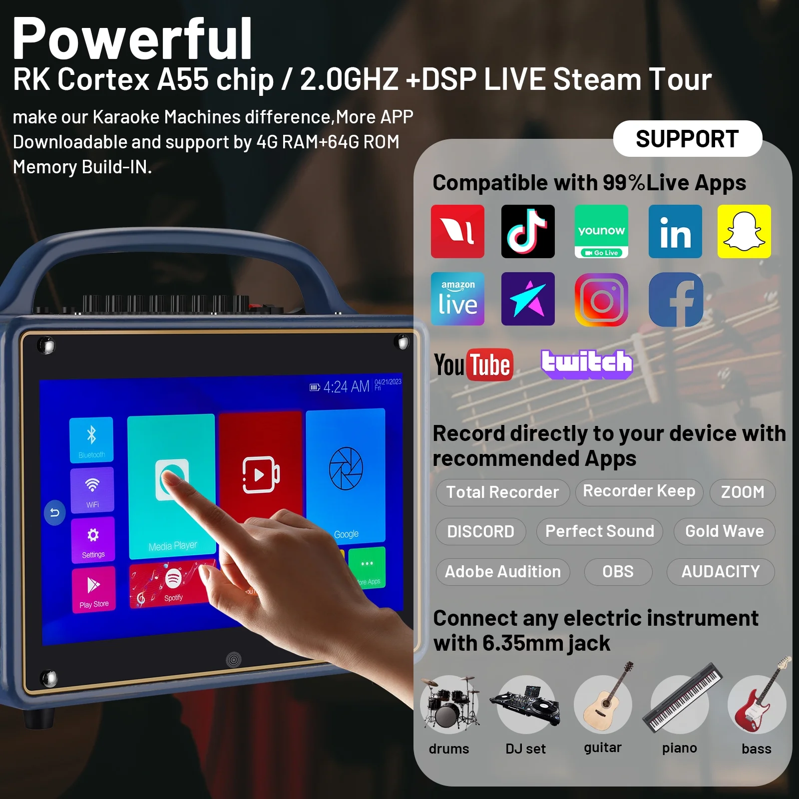 Portable Karaoke Machine Systems Wireless BT Streaming Loudspeaker for Adults&Kid,14”HD Touch Screen/Android 12/4+64G,Support Microphone/WiFi/USB/SD/PC/TV/Phones/HDMI