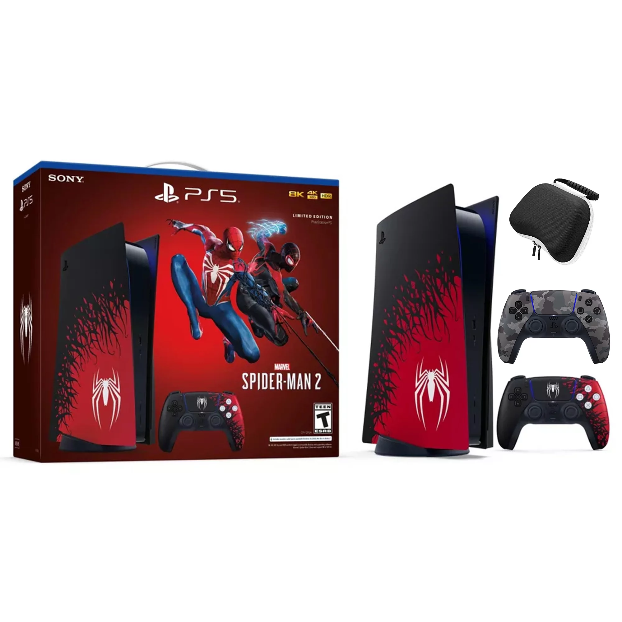 PlayStation 5 Disc Edition Marvel's Spider-Man 2 Limited Bundle with Two Controllers Spider-Man and Gray Camouflage DualSense and Mytrix Hard Shell Protective Controller Case - PS5 Gaming Console