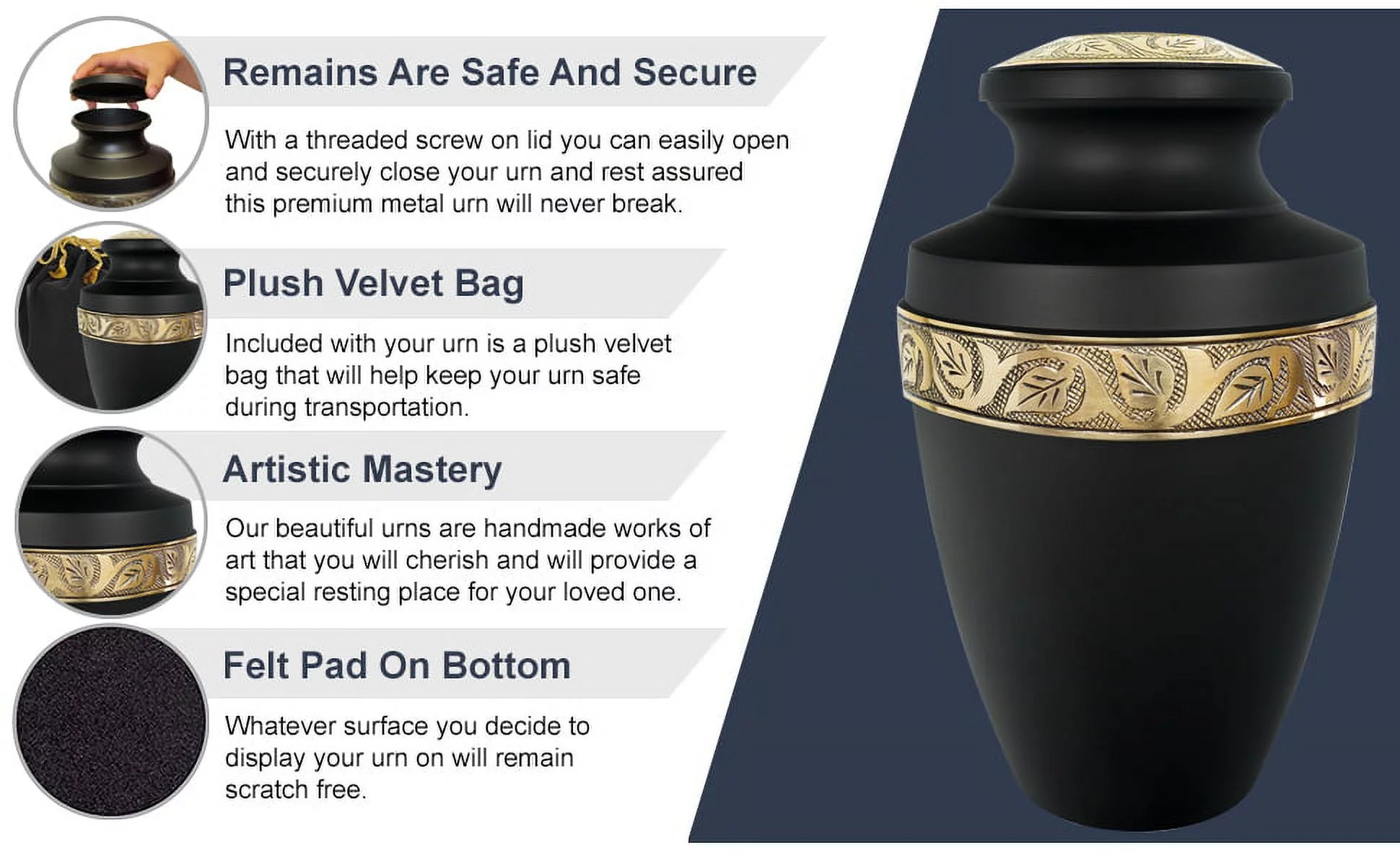 Trupoint Memorials Serenity Black Large Adult Urn For Cremation Ashes in Home, For up to 200 lb Person with Velvet Bag