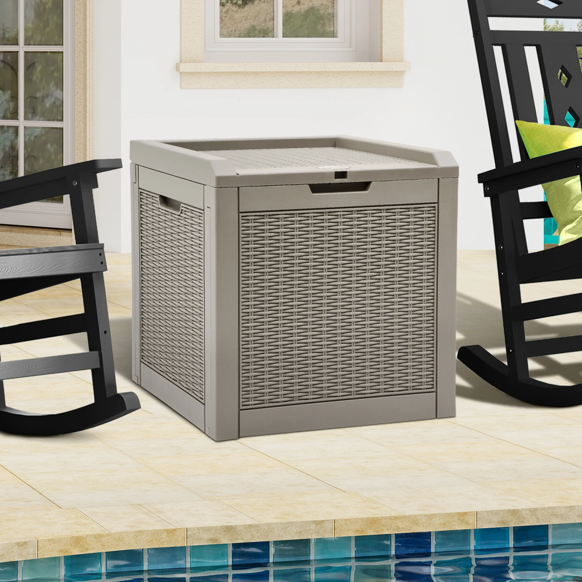 Dextrus 32 Gallon Deck Box, Indoor Outdoor Storage Box for Patio Furniture, Pool Accessories, Garden Tools, Sports Equipment, Waterproof Resin Rattan with Lockable Lid and Side Handles (Brown)