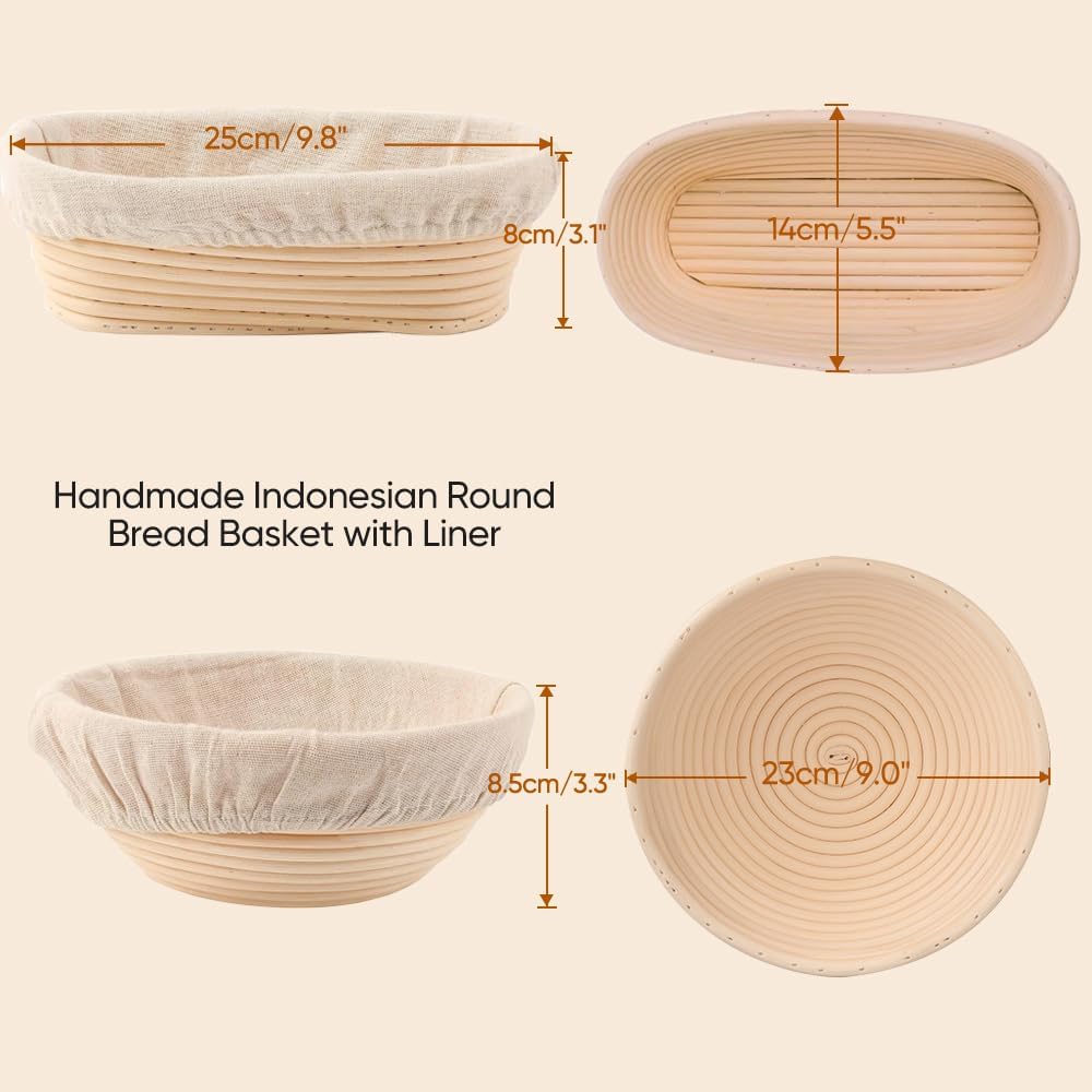 Sourdough Bread Proofing Baskets Banneton Set of 2, Round & Oval Sourdough Banneton Bowl with Liners, Handmade Quality Indonesian Rattan Bread Baking Supplies