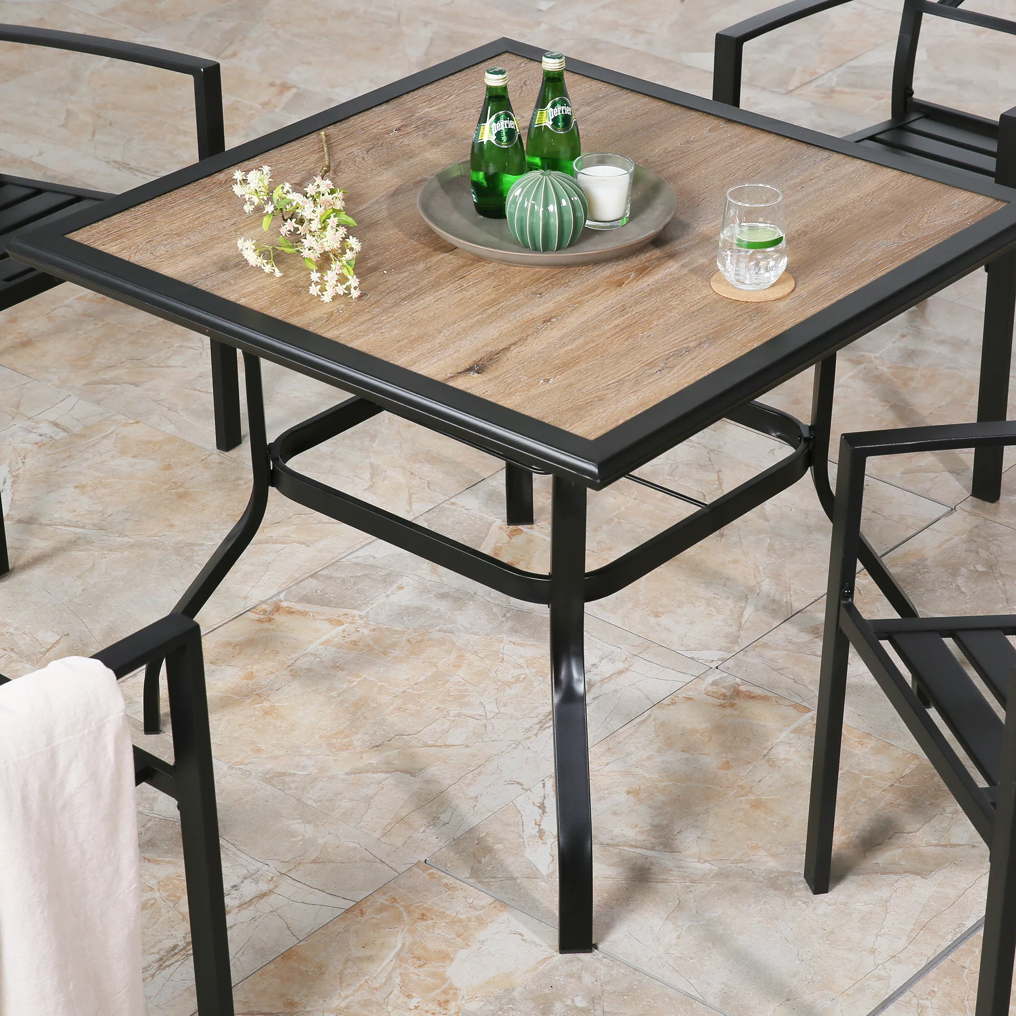 Ulax Furniture 5 Pieces Outdoor Patio Dining Set with 4 Steel Stackable Chairs, Square Wood-Like Table with 1.57