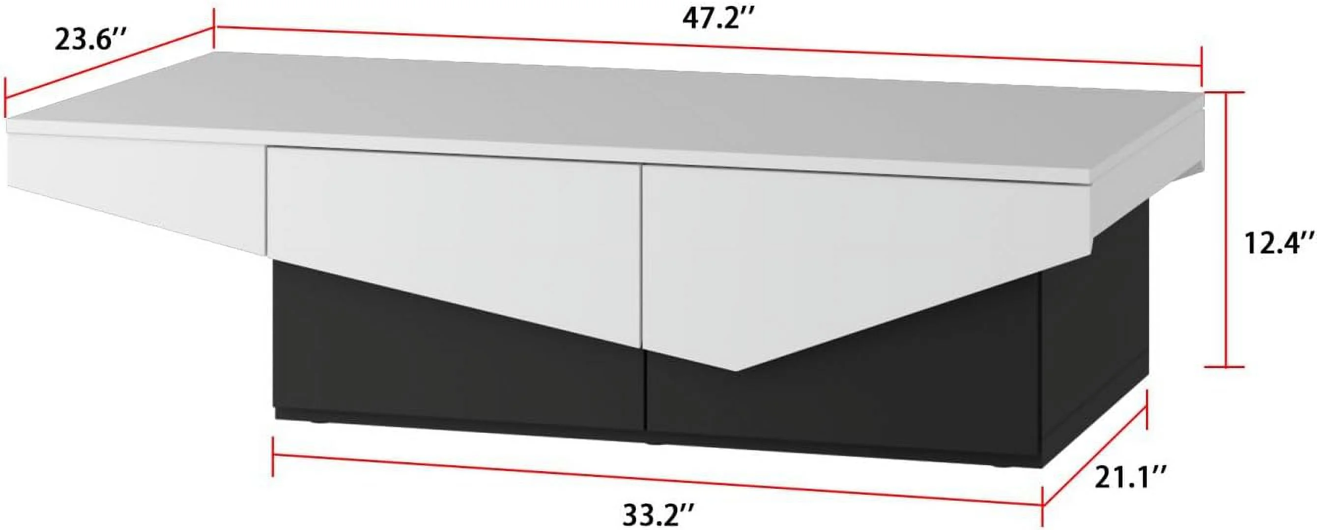 Modern Coffee Table with 4 Drawers, Central Table Living Room Coffee Table with Storage, White and Black Wood Coffee Table, Minimalist & Contemporary (47.2”W x 23.6”D x 12.4”H)