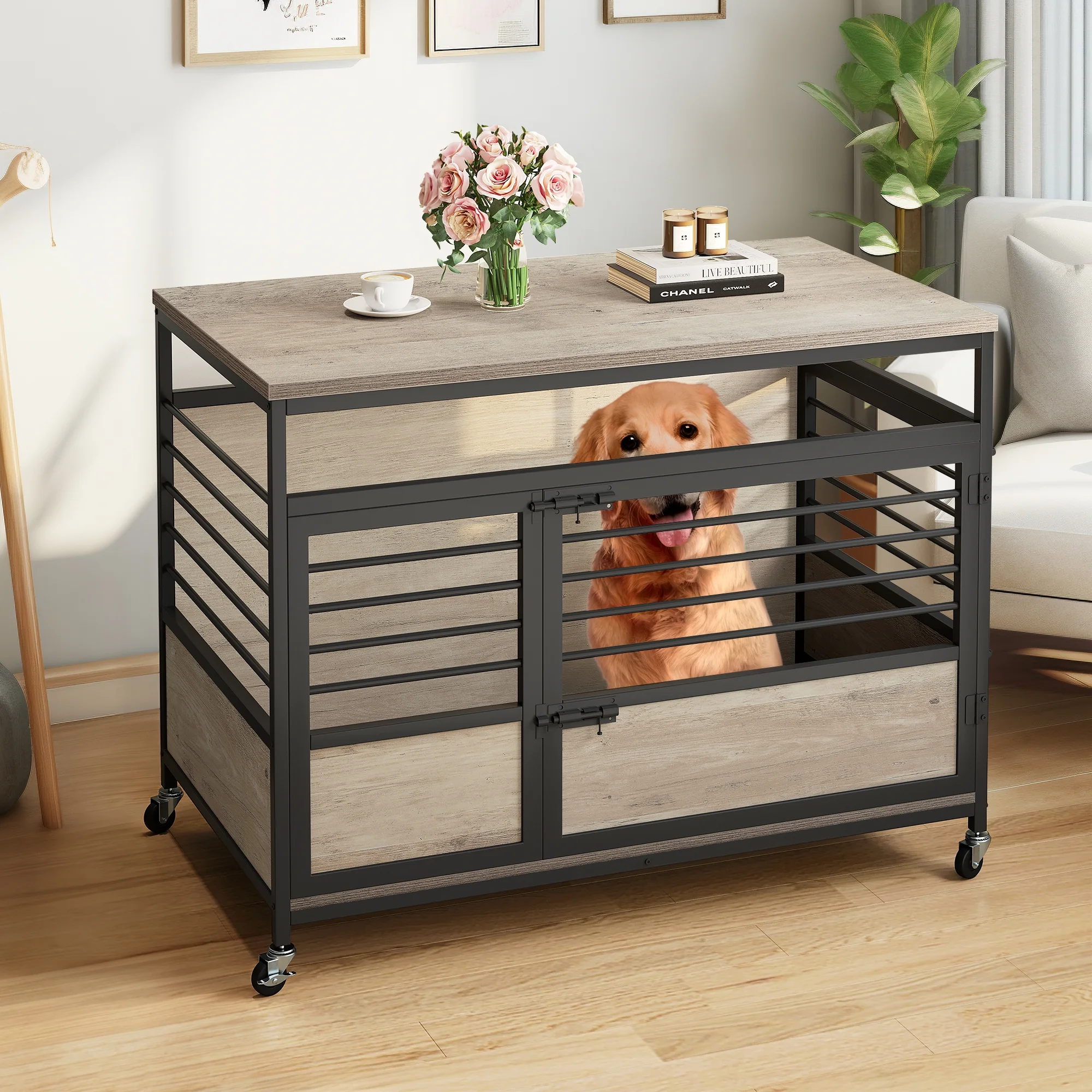 Dextrus Dog Crate Furniture with Wheels, 39.4 inch large Wooden Indoor Dog Kennel with Divider Room, End Table, Double Door Dog House for Large Medium Dog, Grey