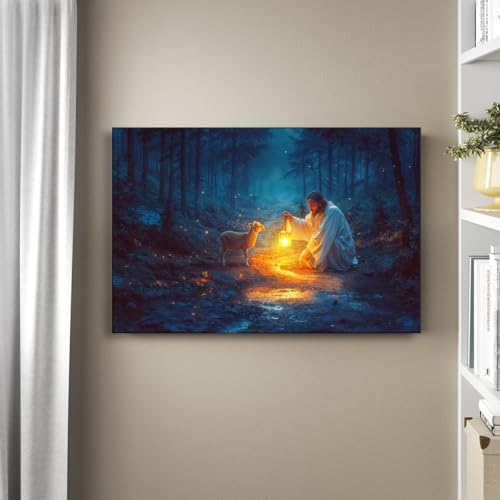 Jesus wall art decor Christian wall art,Jesus and Lamb Canvas Wall Art Jesus Running After Lost Lamb Picture Wall Art Canvas Print Christian Lamb of God Home Decor Jesus Saves the Lamb a lost lamb