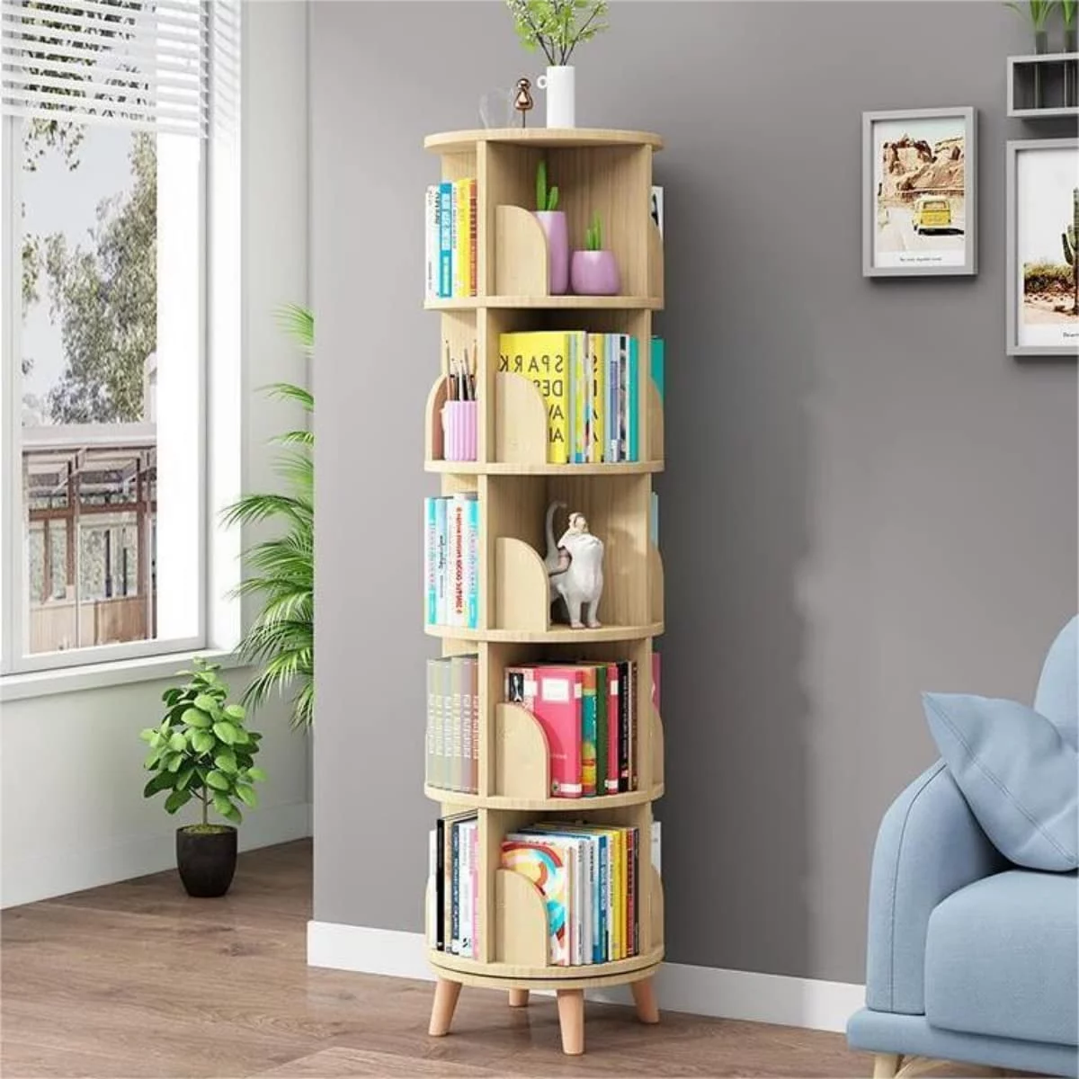 Miumaeov Upgraded 5 Tier Tall Rotating Bookshelf with Legs Large Stackable Bookshelf Wooden Storage Bookcases Book Display Rack Shelves for Study Room Living Room Bedroom