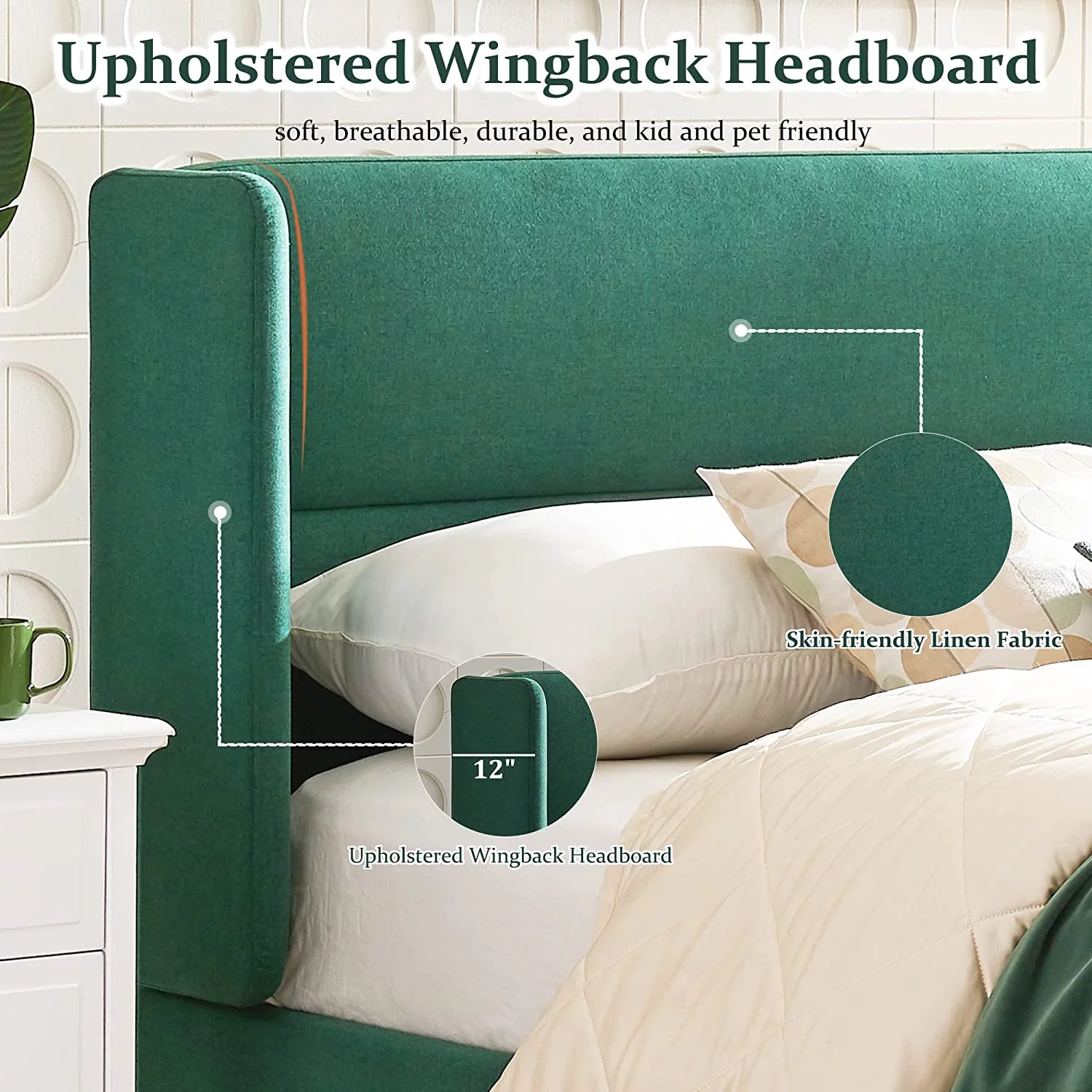 Relax & Rejuvenate Queen Size Lift up Storage Bed, Upholstered Platform Bed Frame with Modern Linen Fabric Wingback Headboard, Wood Slats Support, Noiseless, Easy Assembly, No Box Spring Needed, Green