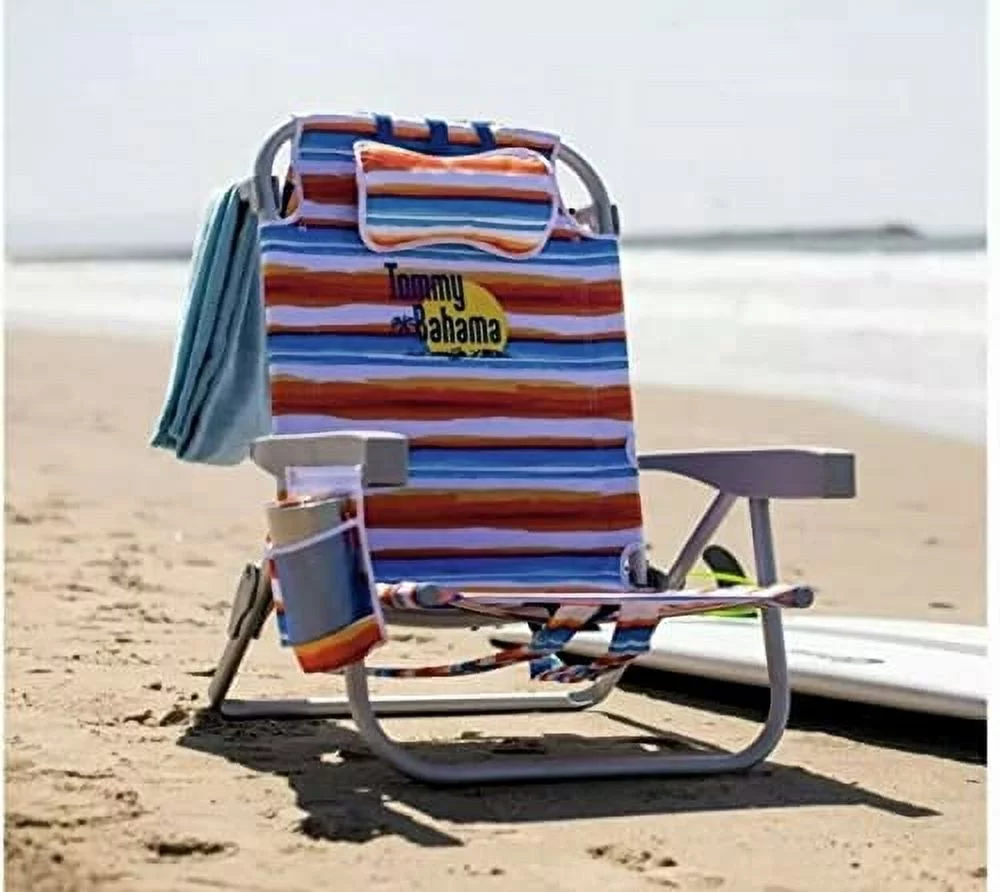 Tommy Bahama Backpack Beach Chair  5 Position Classic Lay Flat  Insulated Cooler Towel Bar-Storage Pouch 2022 New Model  Tropical Sunset, 1 Pack Red/White/Blue