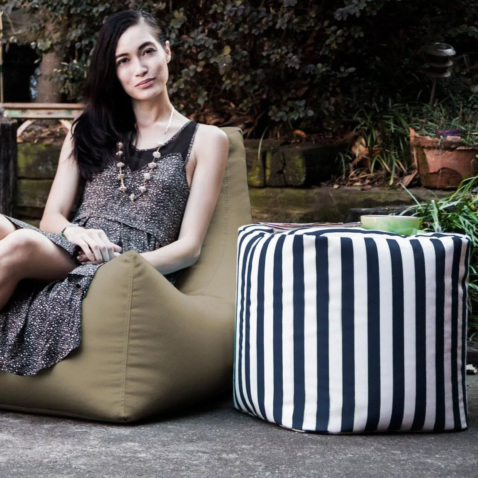 Striped Outdoor Pouf Ottoman