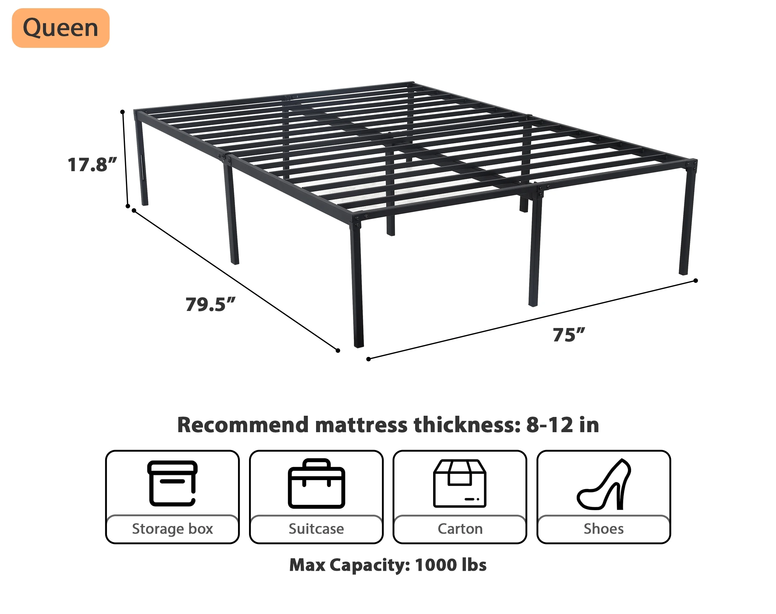 CL.HPAHKL King Bed Frame No Box Spring Needed, Heavy Duty Metal Platform Bed Frame King Size, 18 Inch High Bedframe with Ample Storage, Easy Assembly Mattress Frame, Noise Free