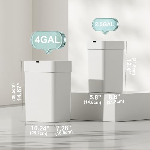ELPHECO Bathroom Trash Can with Lid, 2 Pack Automatic Garbage Can, 2.5 Gallon + 4 Gallon Motion Sensor Smart Rubbish Bin, Slim Waterproof Trash Bins for Bedroom, Office, Living Room, White