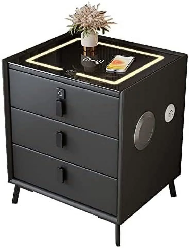 RUNFAYBIU Smart Nightstand/Wireless Charging Station 3 Color LED Lights and Bluetooth Speaker NightStands Fingerprint Lock and 3 Drawers  Modern Small Bedside Table for Bedroom Living Roo