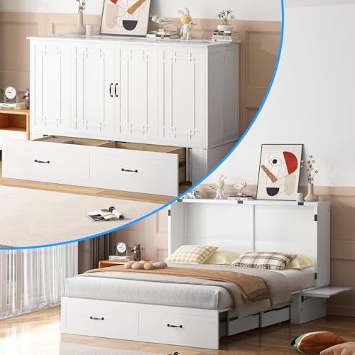 PUREMIND Murphy Bed Cabinet with Mattress Included, Queen Cabinet Beds with Storage Drawers, Murphy Chest Bed with USB Charging Station, Murphys Space-Saving Wallbed for Bedroom, Guest Room