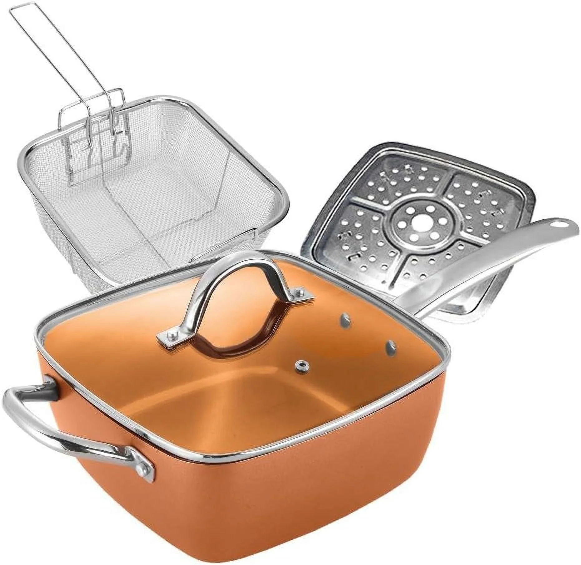 Copper Ceramic Square Non-Stick Ceramic Pan 5 Piece Set for Frying, Baking, Broiling, Steaming & Braising with Fry Basket Steamer & Tempered Glass Lid