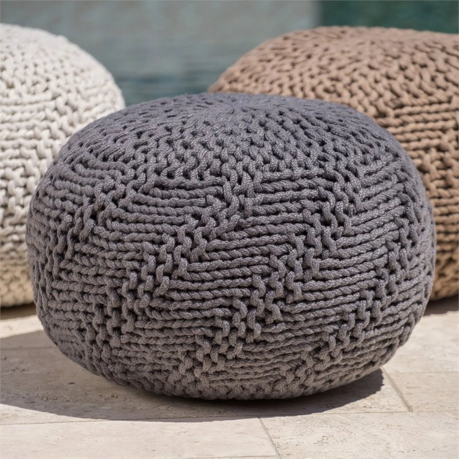Noble House Aria Handcrafted Modern Fabric Outdoor Weave Pouf in Dark Gray