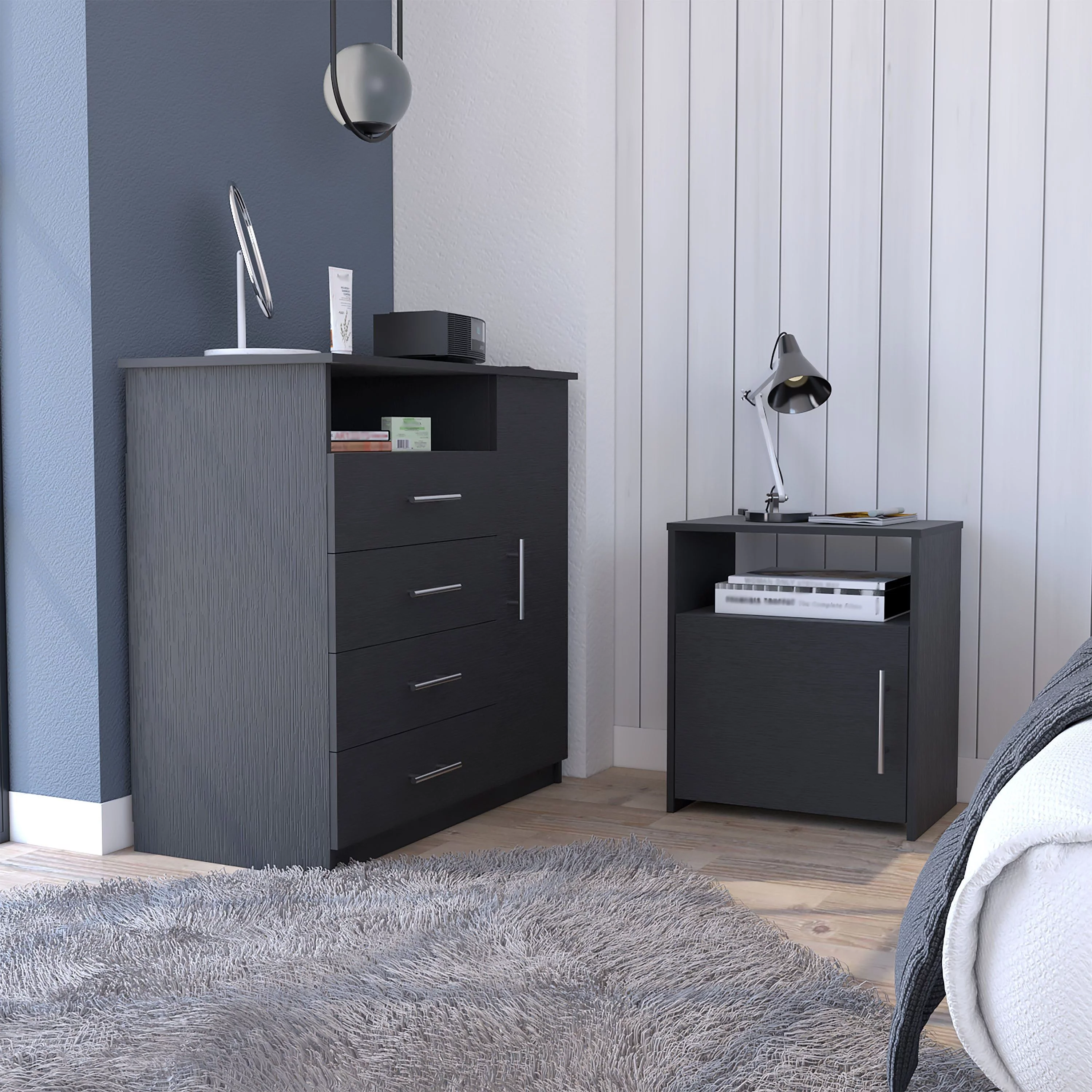 Depot E-Shop Maine 2 Piece Bedroom Set, Rioja 4 Drawer Dresser + Omaha Nightstand, Black