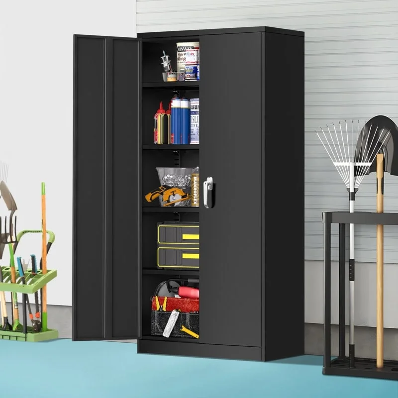 72 inch Metal Garage Storage Cabinet with Locking Doors and Adjustable Shelves Black Metallic Finish