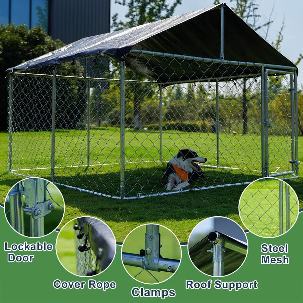 Petony Outdoor Dog Kennel Dog Cage Dog Playpen Dog Fence Chicken Coop Hen House Heavy Duty Pet Playpen with Large Galvanized Chain Link with UV & Water Resistant Black Proof Cover
