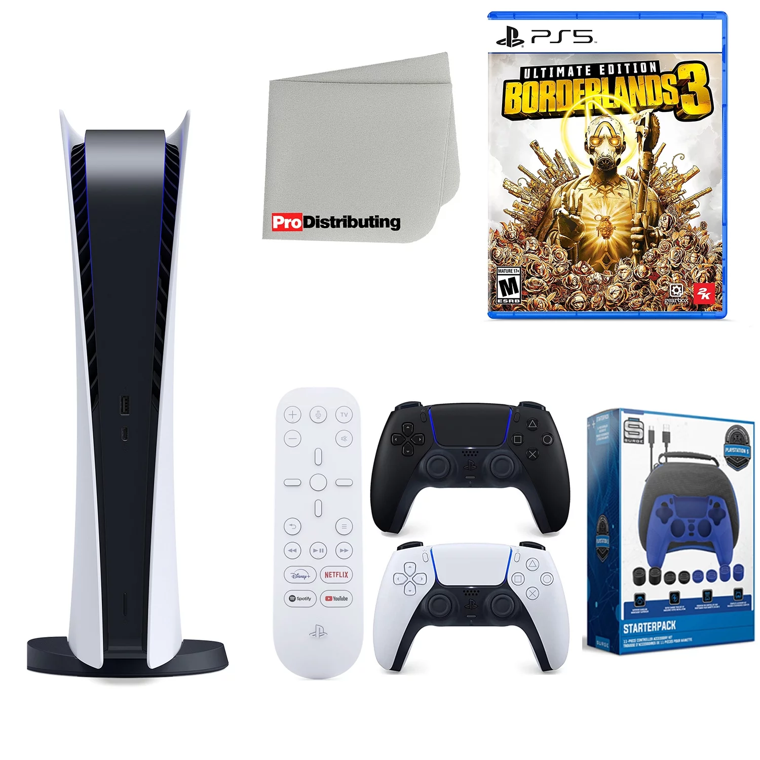 Sony Playstation 5 Digital Version (Sony PS5 Digital) with Midnight Black Extra Controller, Media Remote, Borderlands 3 Ultimate Edition, Accessory Starter Kit and Microfiber Cleaning Cloth Bundle