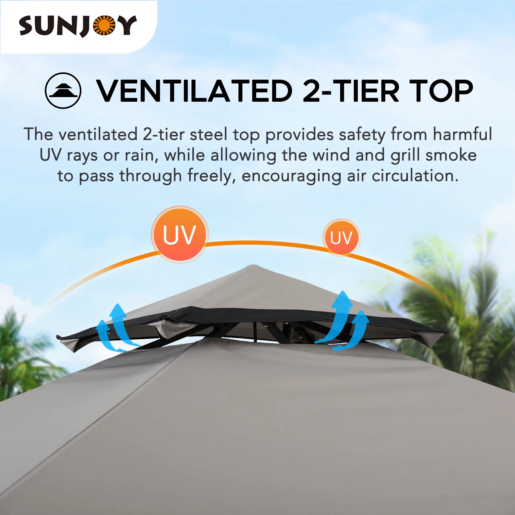 Sunjoy 5 x 8 ft Black Steel Frame Double Tiered Canopy Grill Gazebo for Outdoor, Patio, Garden, and Backyard Activities,Gray and Black