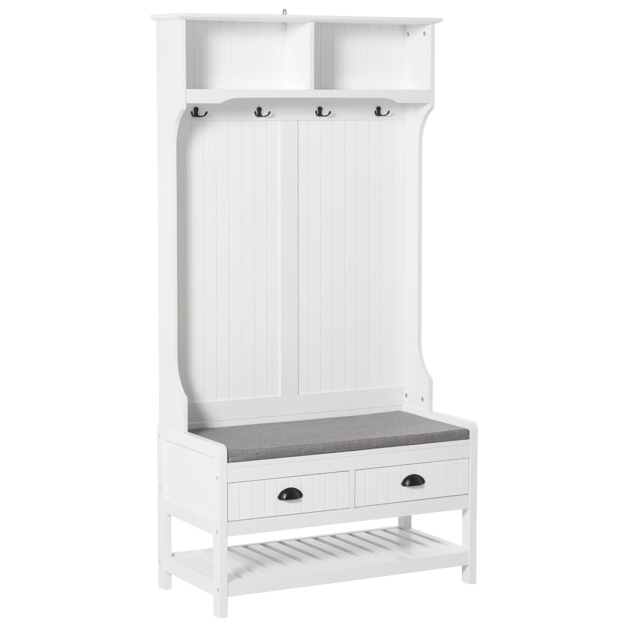 HOMCOM Hall Tree, Coat Rack and Bench Seat with 4 Hooks, 2 Drawers, White
