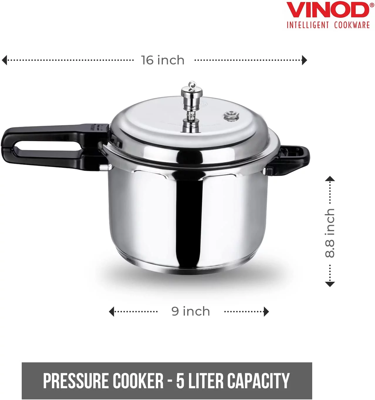 Vinod Pressure Cooker Stainless Steel – Outer Lid - 5 Liter – Induction Base Cooker – Indian Pressure Cooker – Sandwich Bottom – Best Used For Indian Cooking, Soups, and Rice Recipes, Quinoa