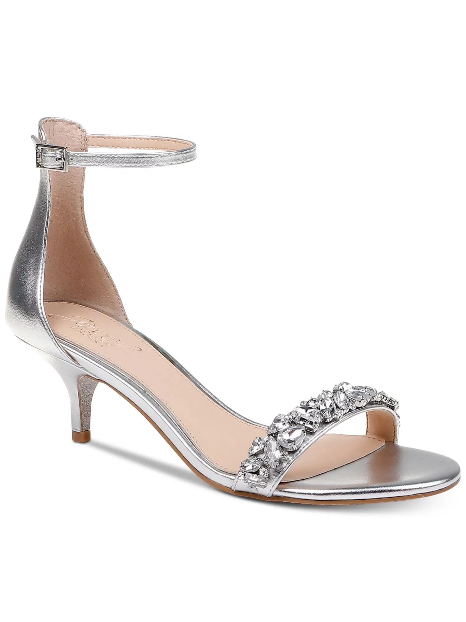 JEWEL BADGLEY MISCHKA Womens Silver Adjustable Rhinestone Ankle Strap Dash Round Toe Kitten Heel Buckle Dress Slingback Sandal 7.5