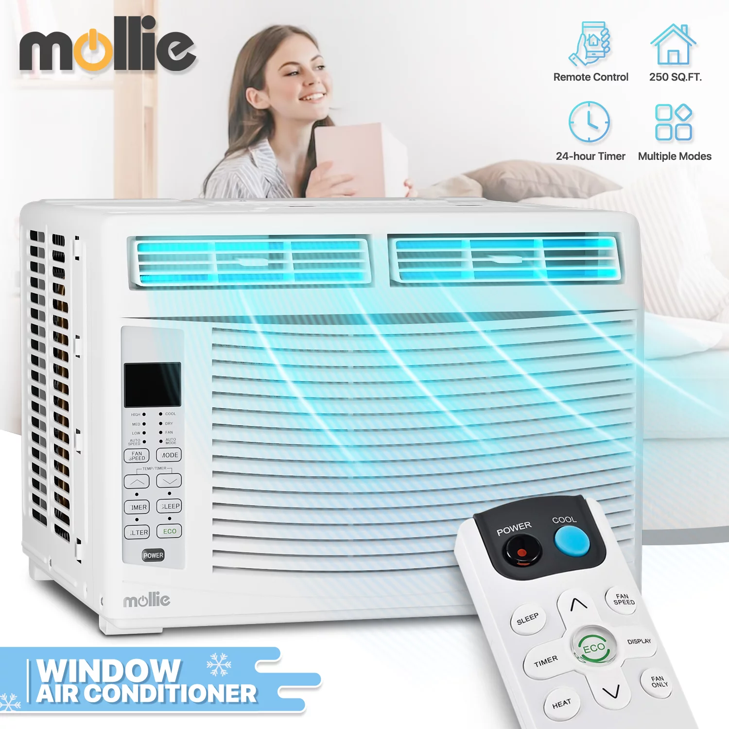mollie 6,000 BTU Window Conditioner, Cools 250 Sq.Ft., Quiet Operation, Electronic Control with Remote, 4 Fan Speeds, 2-Way Air Deflection, Auto Restart, 115V, White
