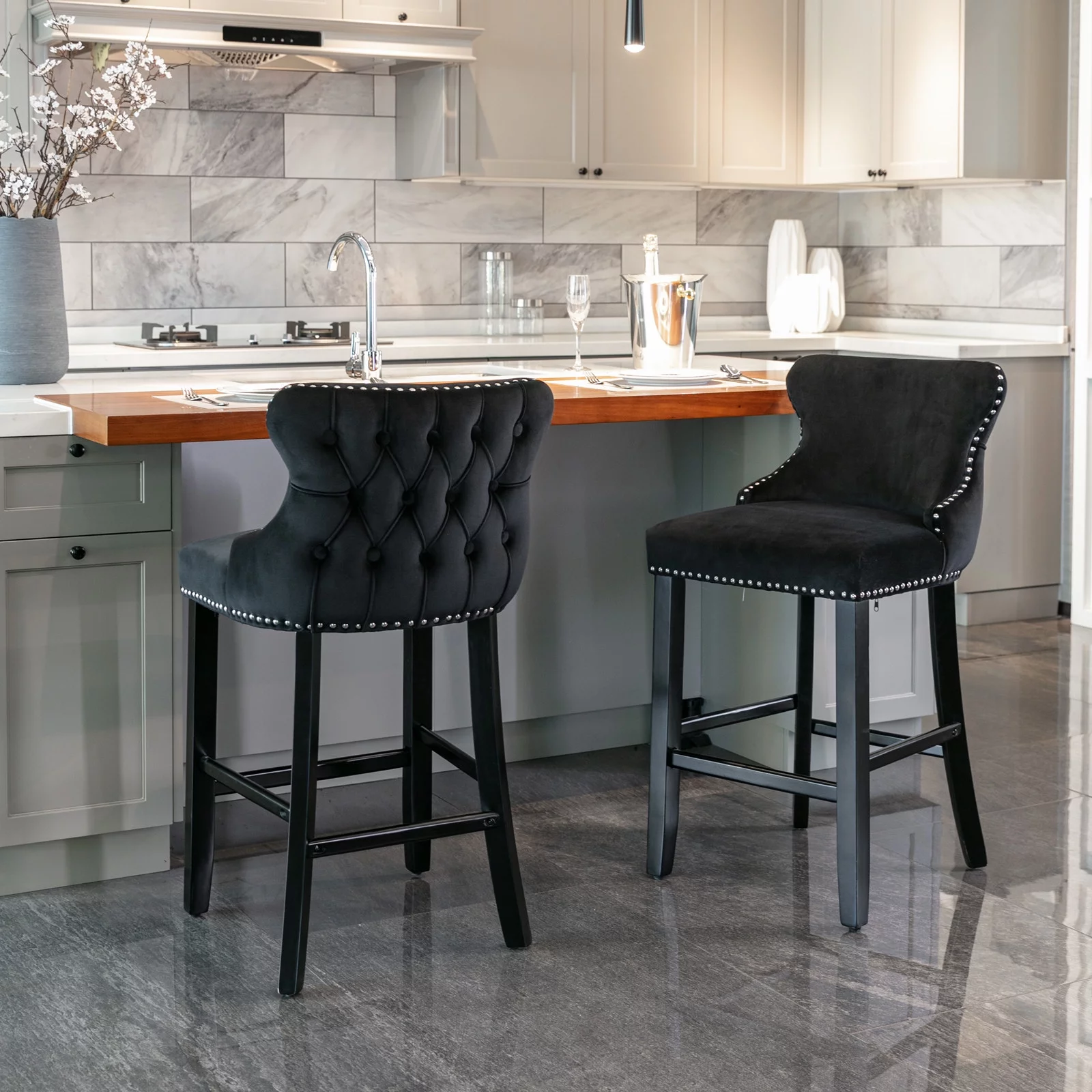 BTMWAY Bar Stools with Wing-Back Sets of 2, Velvet Upholstered Counter Height Barstools Set, Upholstered Button Tufted Bar Chairs with Chrome Nailhead Trim and Solid Wooden Legs, Holds 300lbs, Black