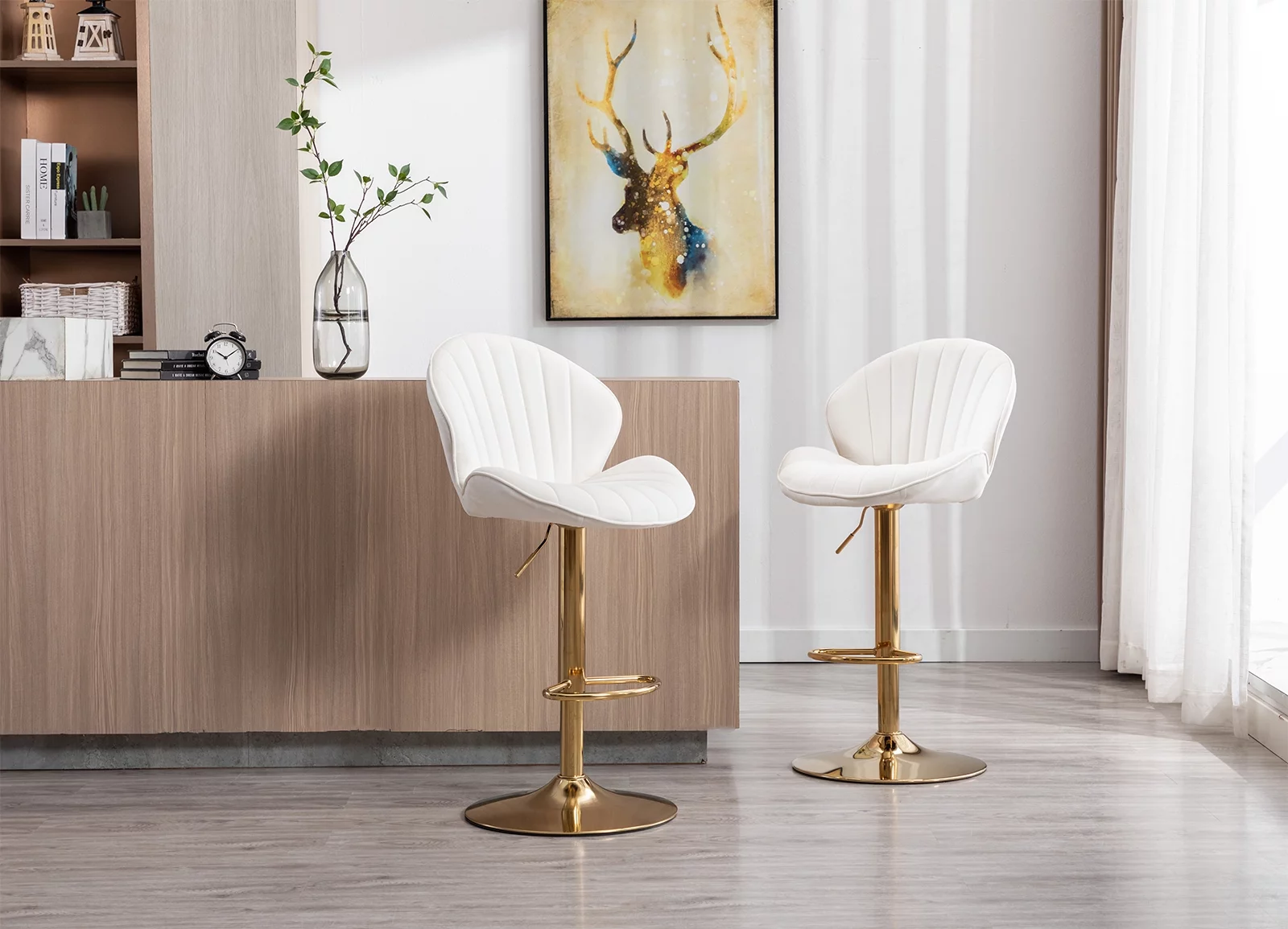Dayalane Swivel Bar Stools Set of 2, Modern Adjustable Counter Height Barstools with Shell Shape Back and Gold Base, Velvet Upholstered Kitchen Island Stools for Island Bar Club Dining Room, Beige