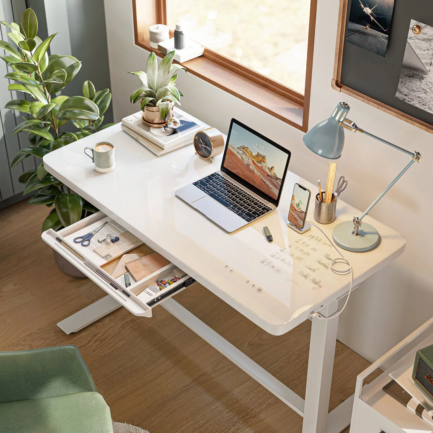 Glass Tabletop standing desk - White