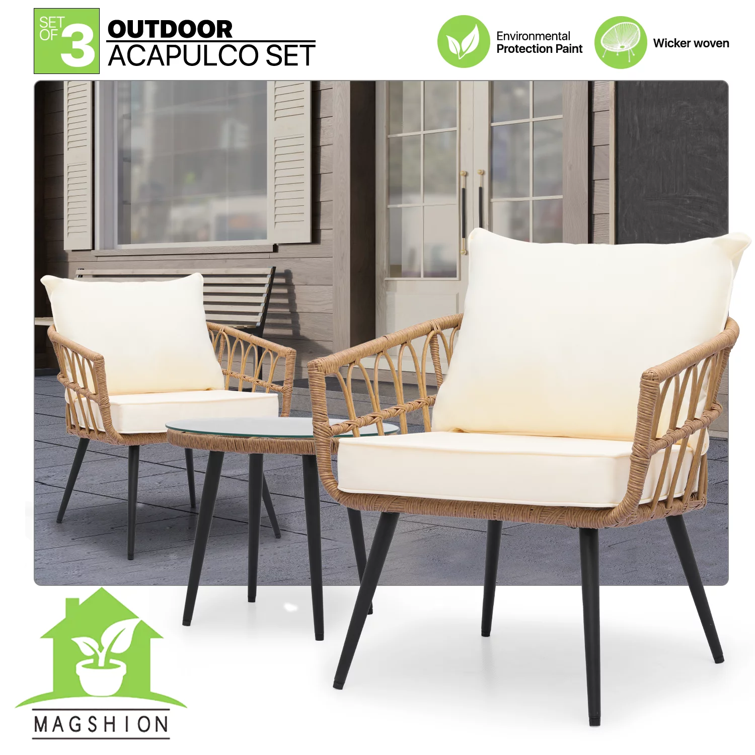 Magshion 3 Pieces Outdoor Patio Furniture Rattan Wicker Table & Chairs Set, Conversation Bistro Set with Tempered Glass Tabletop, Pillow & Cushion for Porch Balcony Backyard, Natural