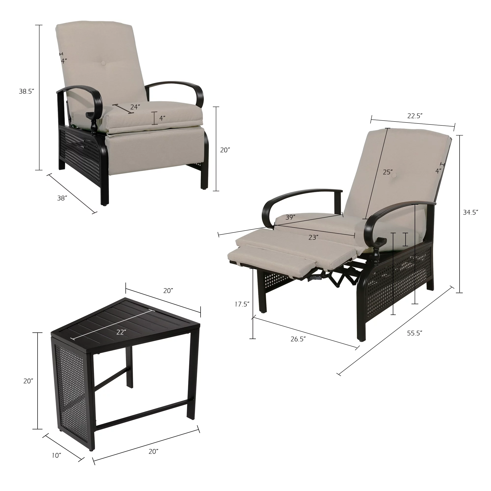 Ulax Furniture 3 Pieces Outdoor/Indoor Metal Recliner Conversation Set, Sailcloth Beige