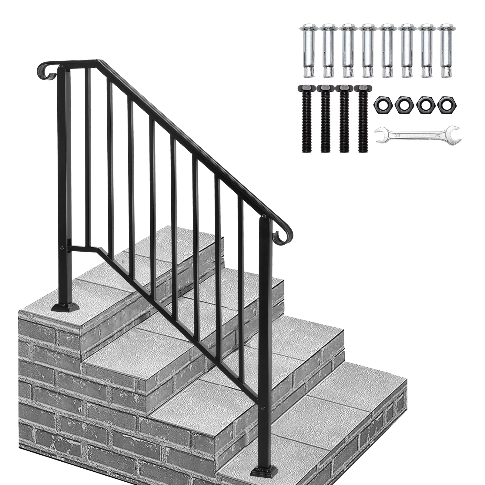 4 Step Handrails for Outdoor Steps, Fit 3 or 4 Steps Outdoor Stair Railing for Concrete Steps, White Wrought Iron Railing, Exterior Hand Railing for Steps Adjustable Metal Hand Rails for Deck Porch