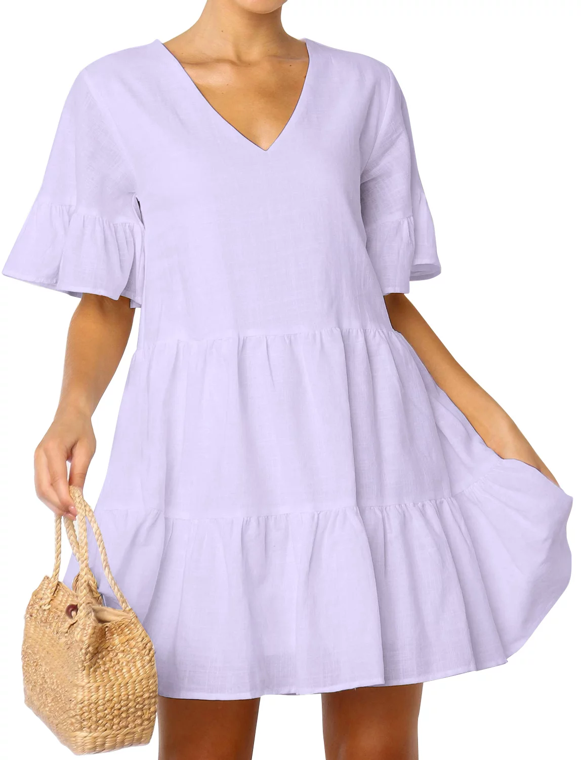 FANCYINN Women’s Sweet Shift Tunic Dress Short Bell Sleeve V Neck Causal Swing Red Ruffle Mini Dress with Pockets Light Purple M