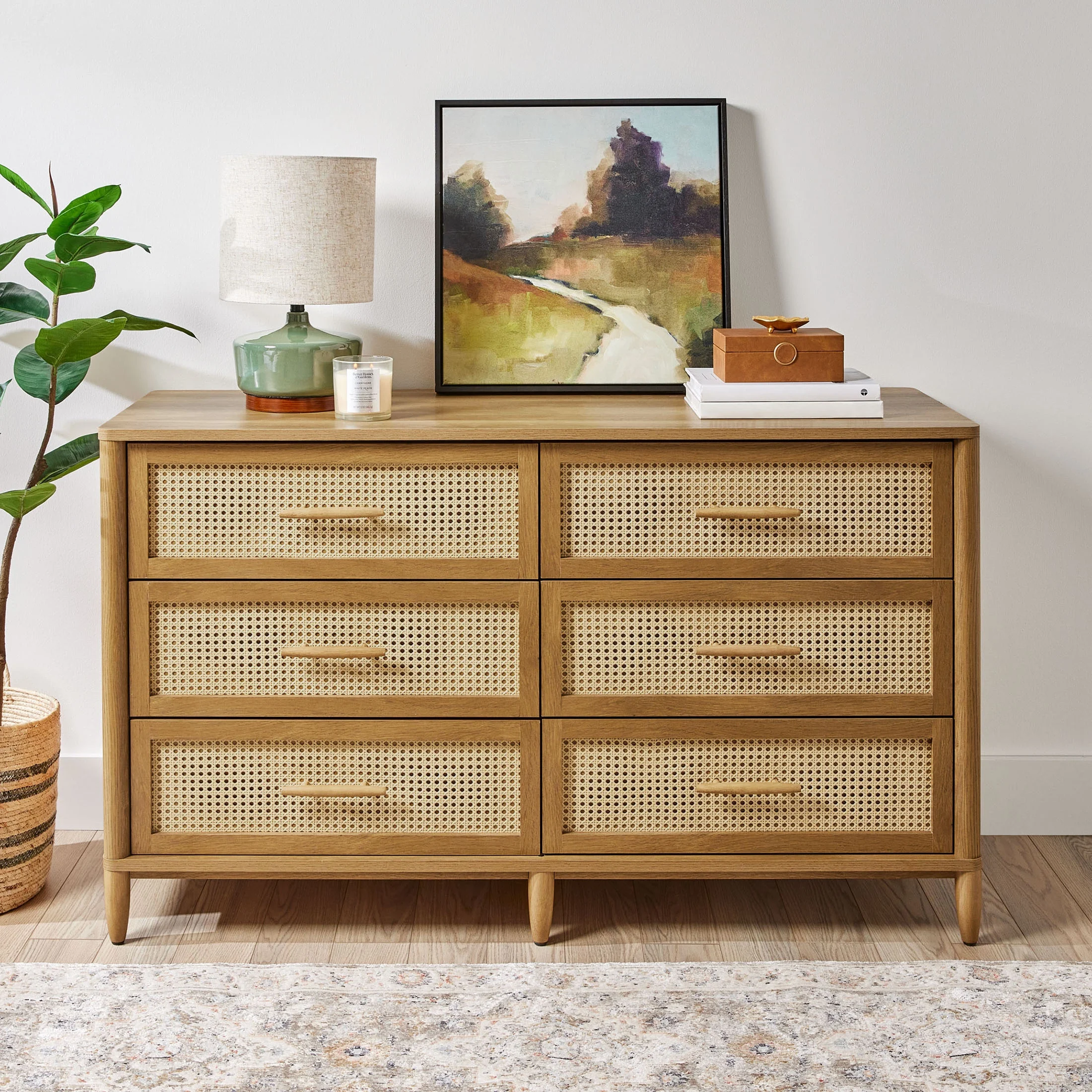 Better Homes & Gardens Springwood Caning 6-Drawer Dresser, Light Honey Finish