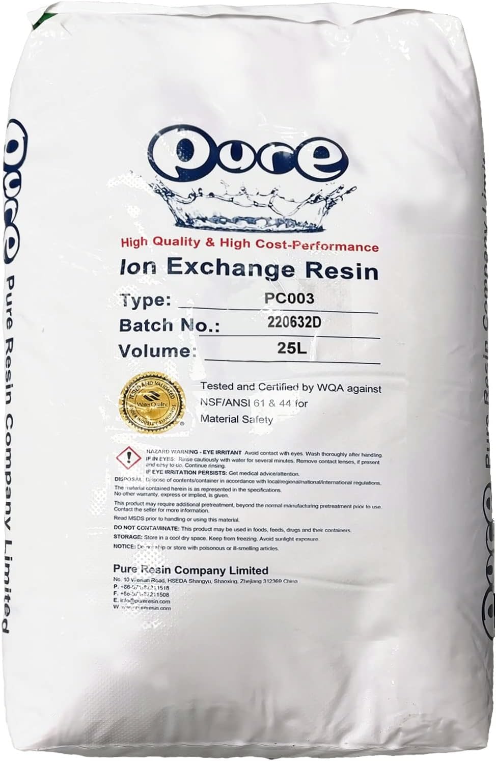 One (1) Cubic Foot, single bag, Water Softener Ion-exchange Resin 8% Crosslinked