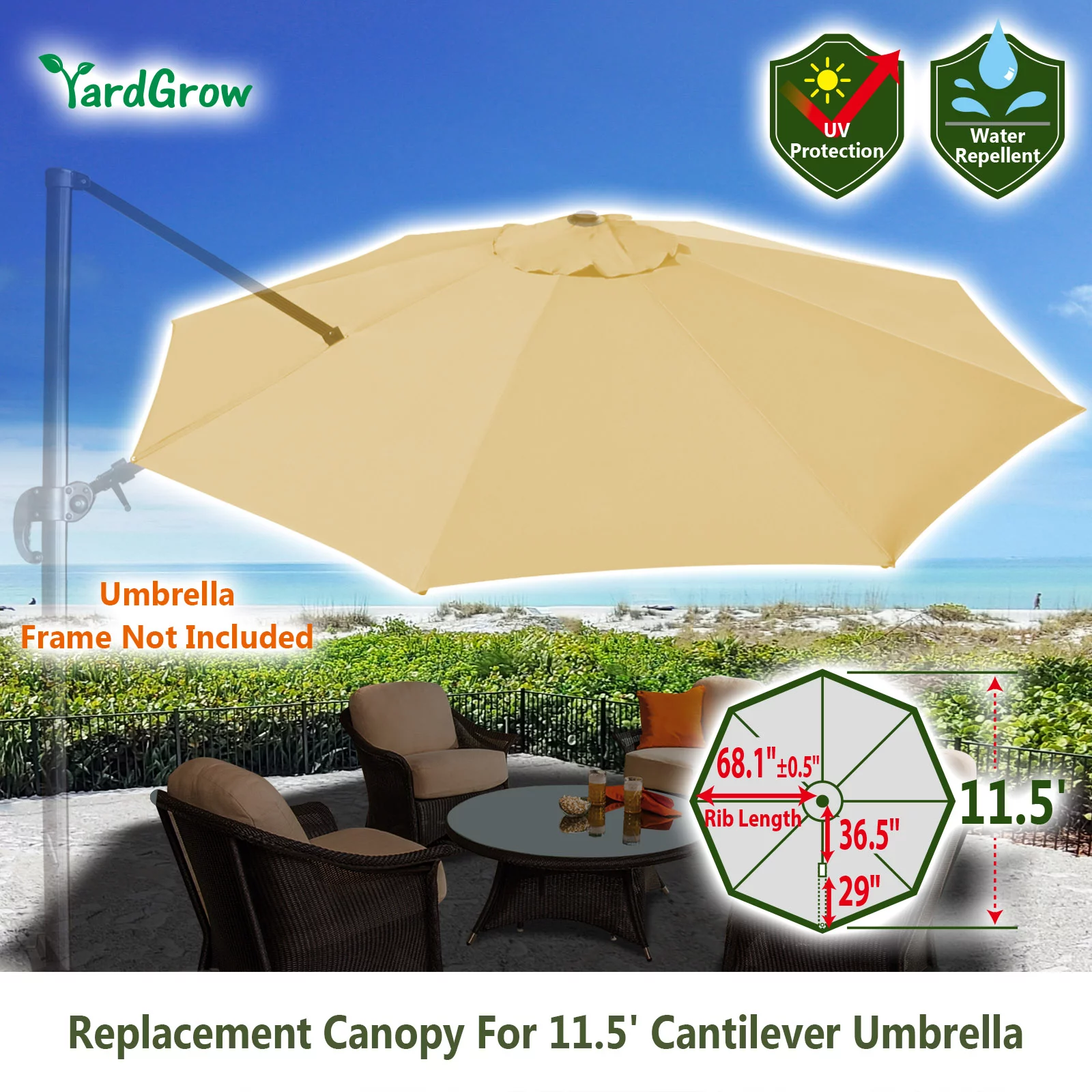 YardGrow Replacement Canopy for 11.5'x11.5' ROMA Cantilever Patio Umbrella Cover