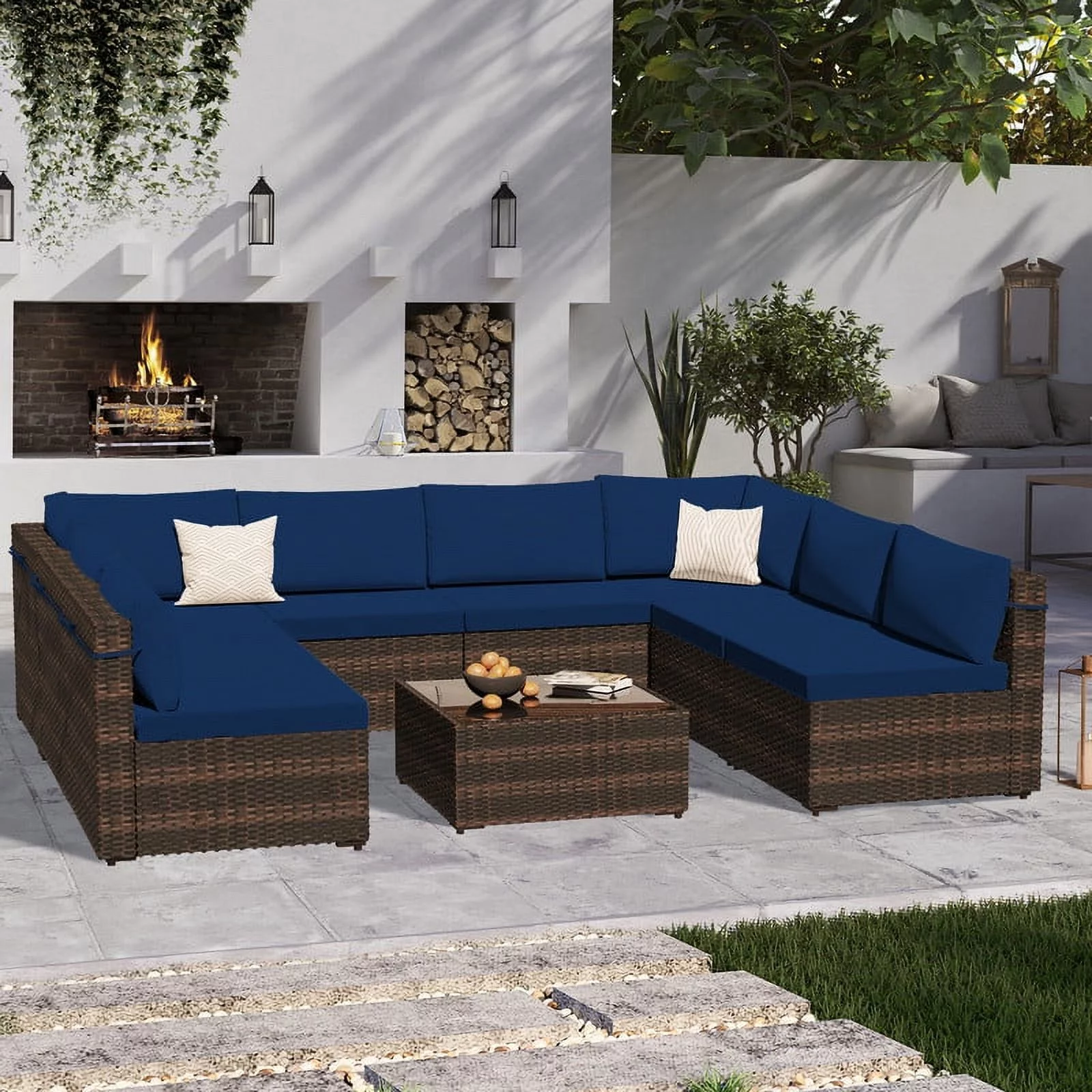 9-Piece Patio Furniture Set - All-Weather PE Rattan Outdoor Sectional Sofa with Cushion and Glass Table - Stylish and Durable - Ideal for Deck, Backyard, and Lawn - Navy Blue