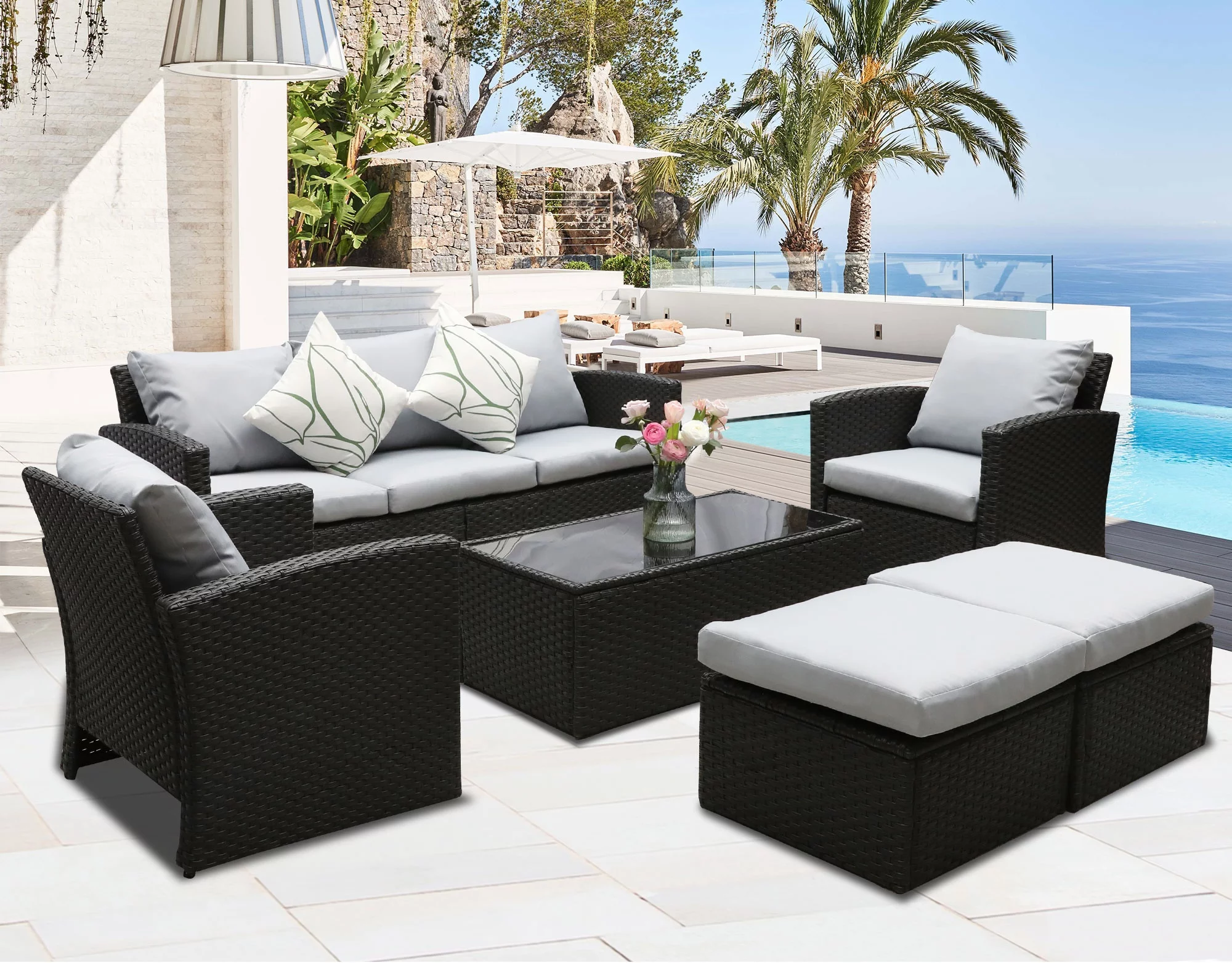 Superjoe 8 Pcs Patio Furniture Set Wicker Outdoor Sectional Sofa with Coffee Table and Ottomans, Gray