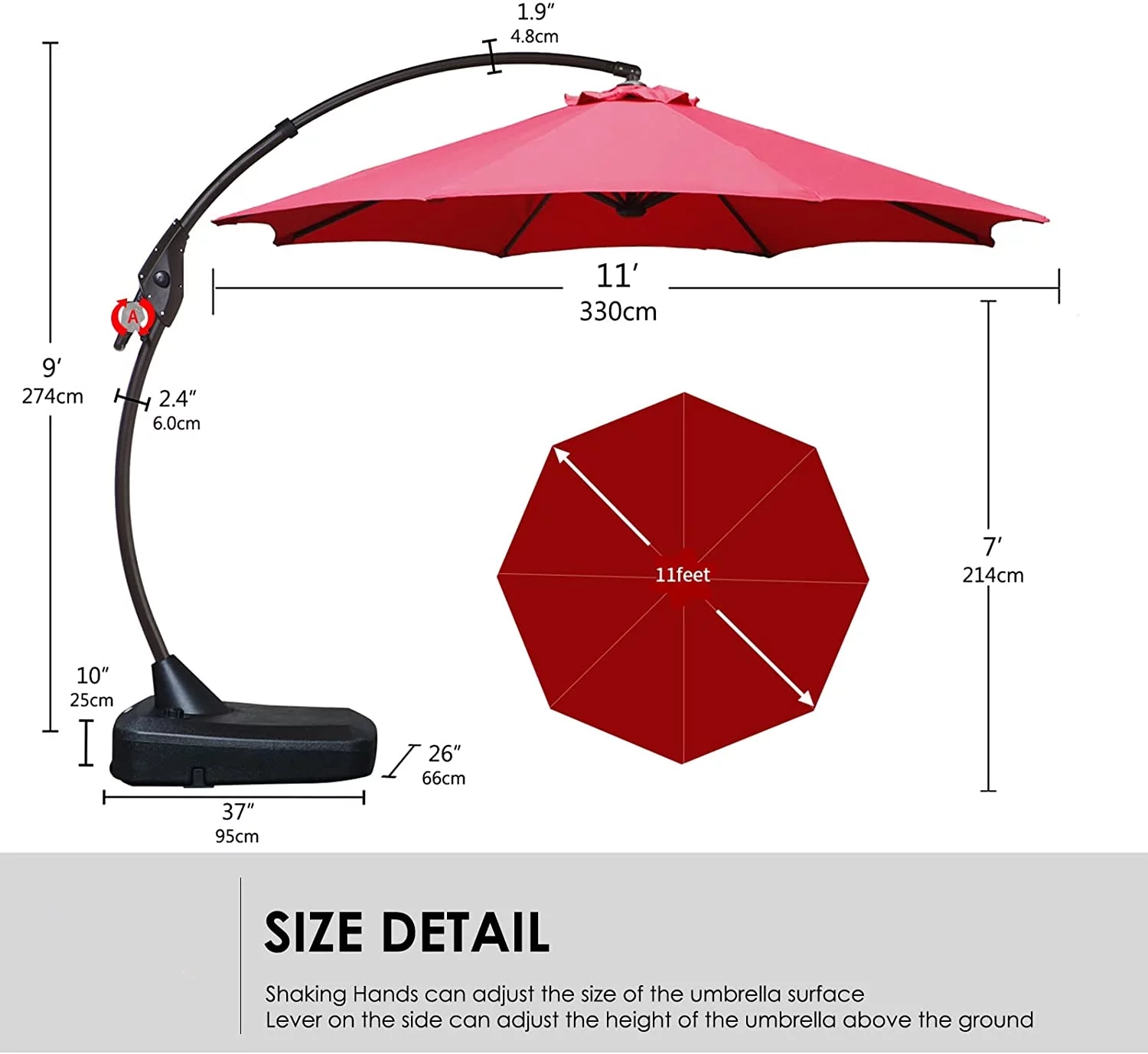 Deluxe 11 FT Aluminum Offset Umbrella with Position Lock System, Patio Cantilever Umbrella 3.5M Red
