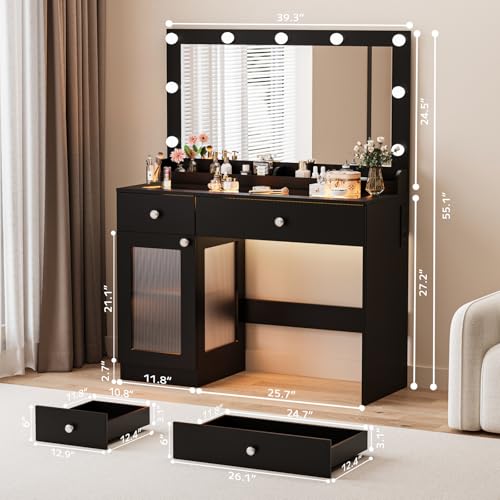 Vanity Desk with Large Mirror and Lights, 39.4'' Glass Top Makeup Vanity with RGB Cabinet Drawers Power Outlet 3 Color Light Modes Brightness Adjustable Vanity Dressing Table for Bedroom White