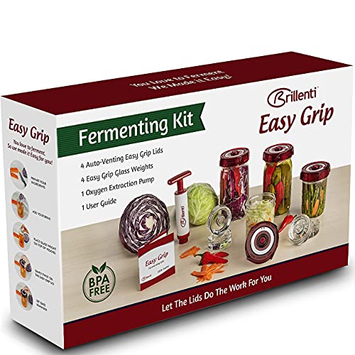 Mason Jar Fermentation Kit - Food Grade Fermenting Lids for Wide Mouth Mason Jars, includes Easy Grip Fermenter Lids 4-Pack, Weights and Pump - a Great Starter Sauerkraut Fermenting Kit, Brillenti