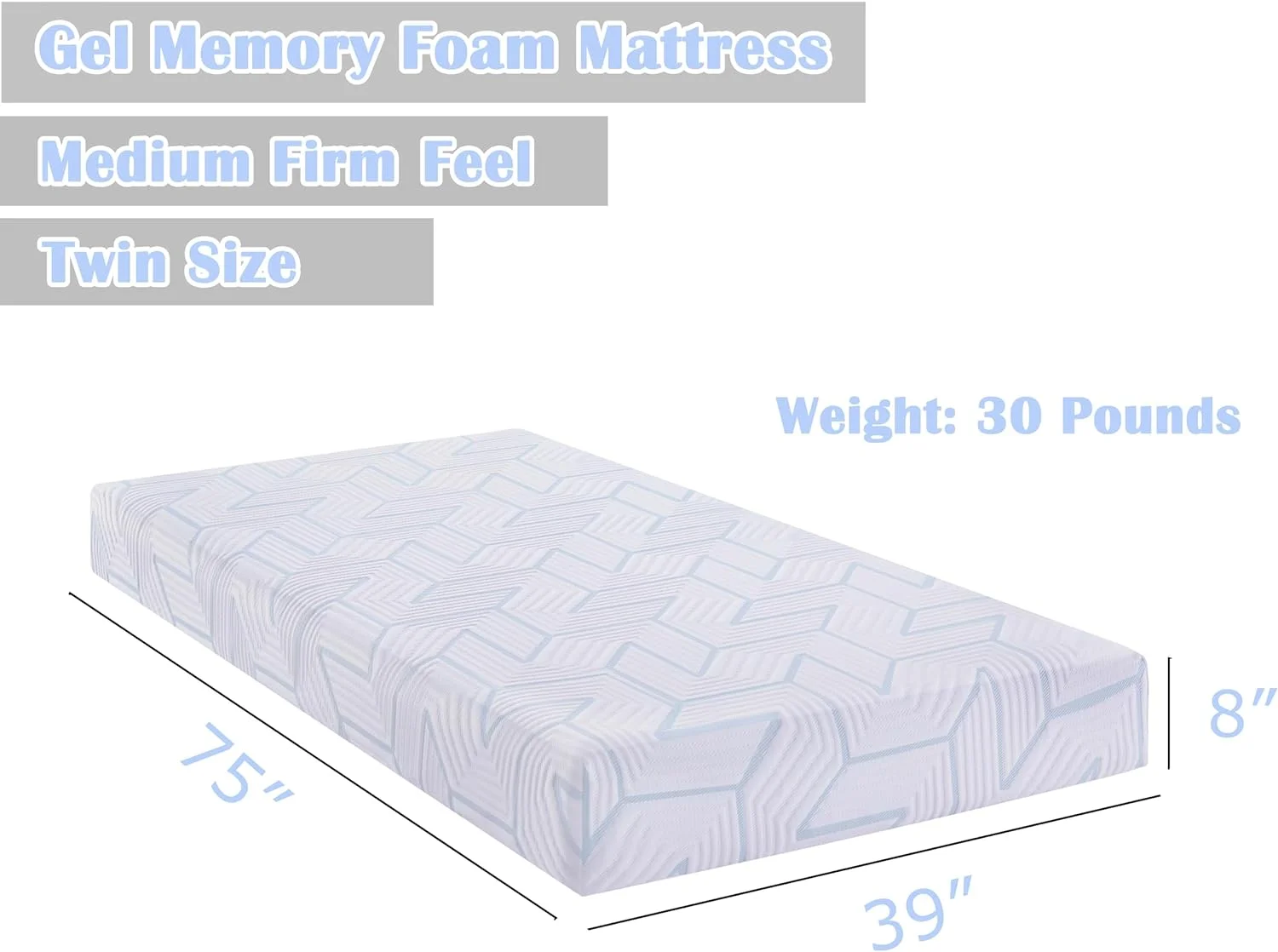 8 Inch Gel Memory Foam Mattress, Twin Size, Medium Firm Feel, Pressure Relief & Cool Sleep Bed in a Box CertiPUR-US Certified
