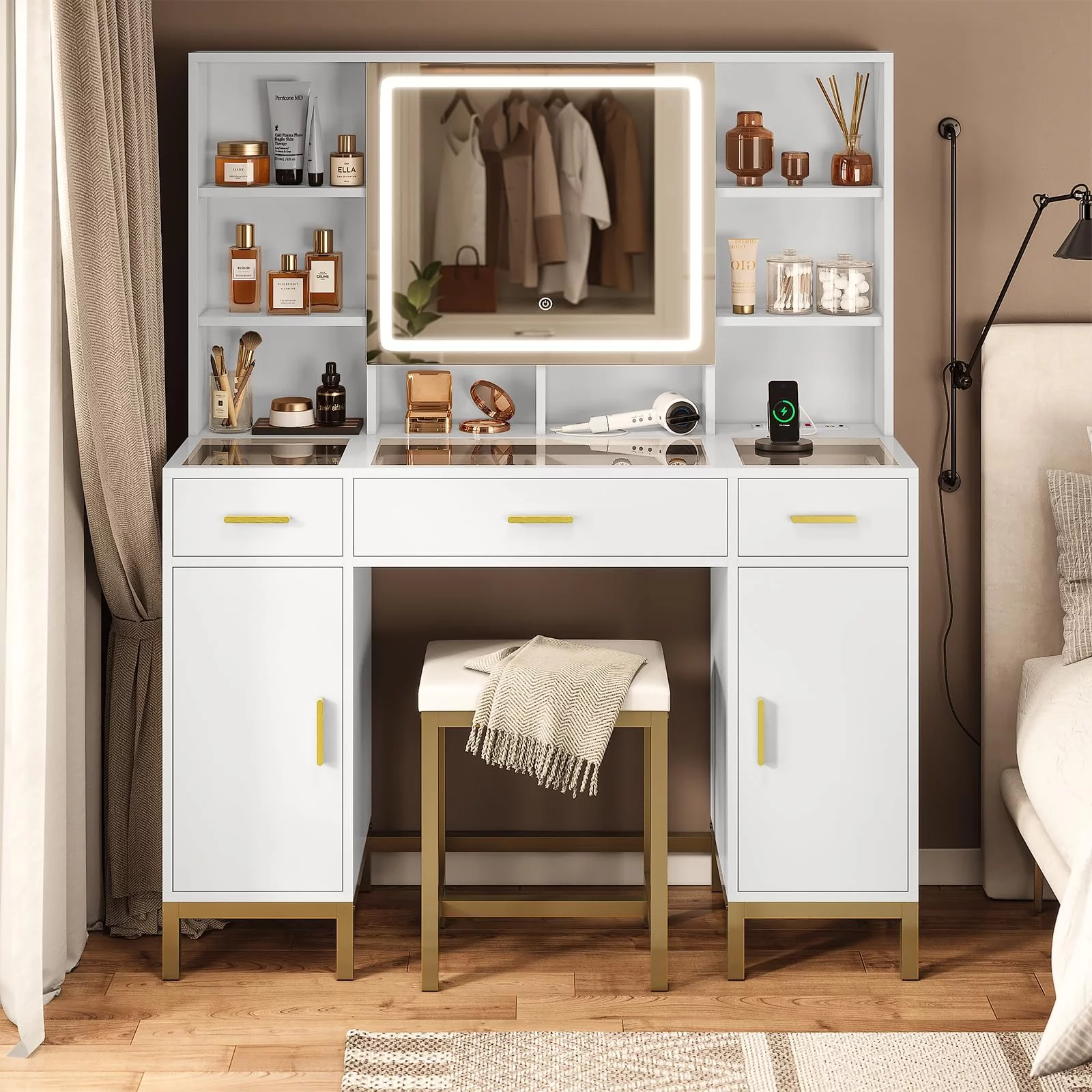 AOGLLATI Vanity Desk with Lights Mirror and 3 Drawers,Glass Tabletop Make up Vanity Set with Charging Station & 2 Cabinets,Hidden Hooks,White